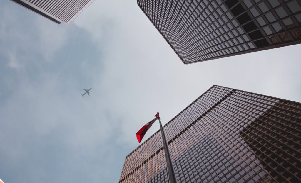 nadir camera angle of skyscrapers in a business district 2